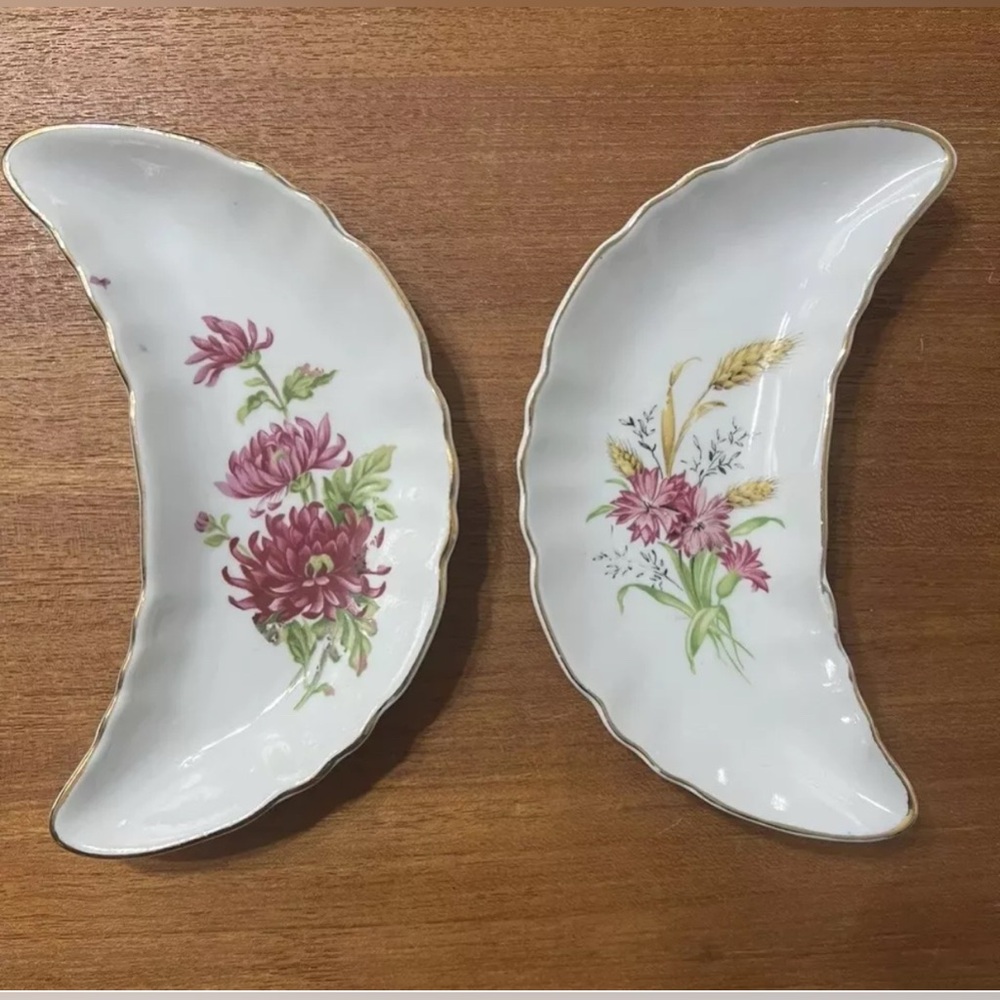 Vintage Bone Dish Crescent Moon Set 2 Chadwick Japan MCM Floral Gold Witchy Read